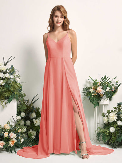 Carlyna Marcia A-Line Peach Pink Bridesmaid Dress Maxi Sleeveless V-Neck Dress Front View #color_peach-pink