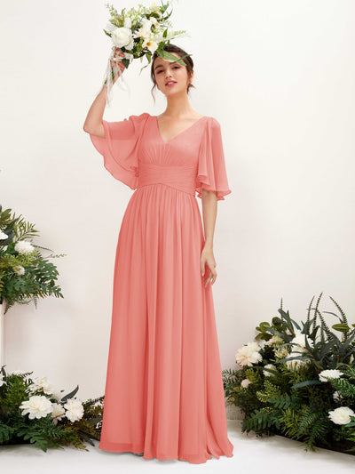 Carlyna Odette A-Line Peach Pink Bridesmaid Dress Maxi Short Sleeve V-Neck Dress Front View #color_peach-pink