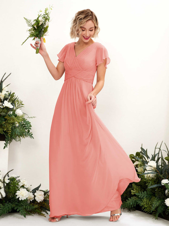 Peach Pink Bridesmaid Dresses Bridesmaid Dress A-line Chiffon V-neck Full Length Short Sleeves Wedding Party Dress (81224329)