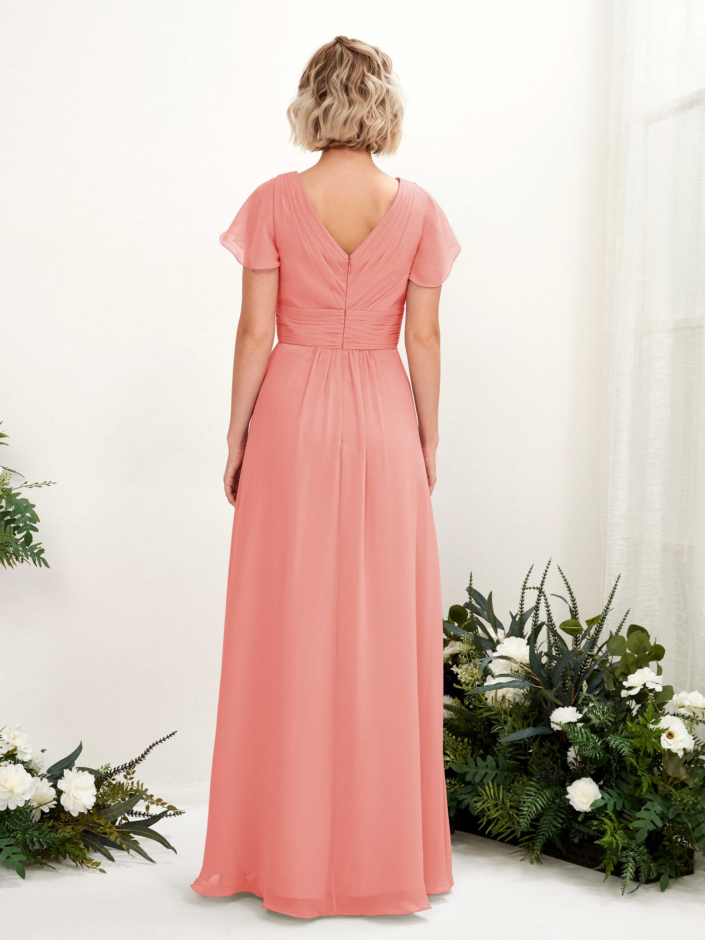 Peach Pink Bridesmaid Dresses Bridesmaid Dress A-line Chiffon V-neck Full Length Short Sleeves Wedding Party Dress (81224329)#color_peach-pink