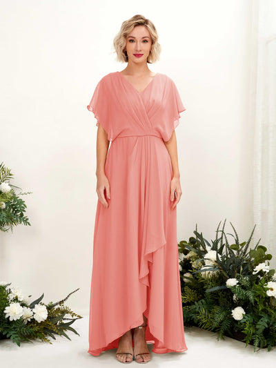 Carlyna Soleil A-Line Peach Pink Bridesmaid Dress Maxi Short Sleeve V-Neck Dress Front View #color_peach-pink