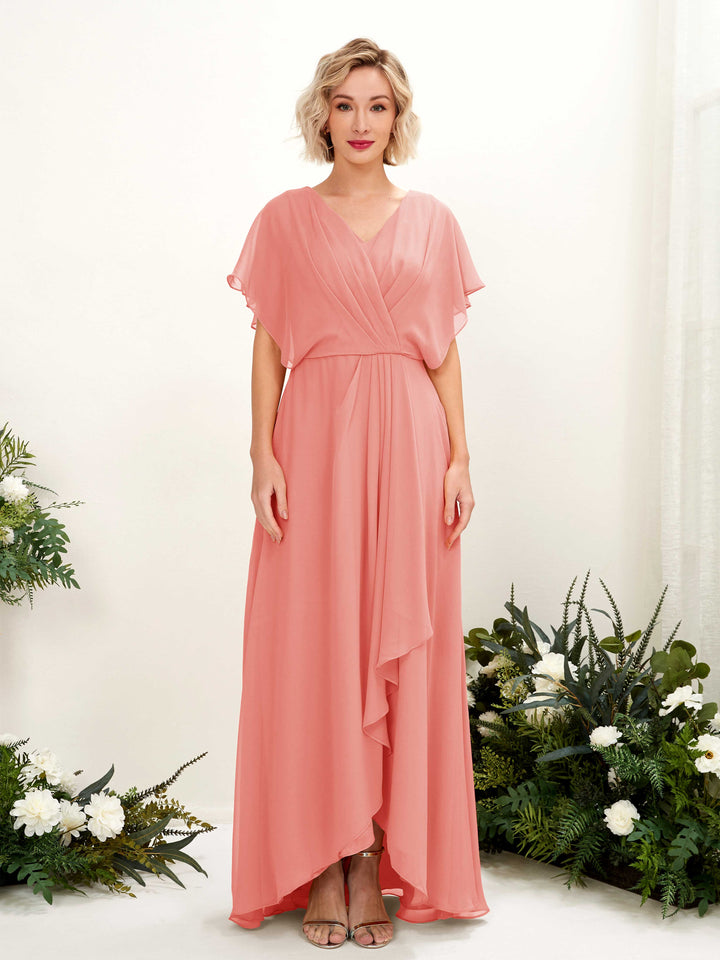 Peach Pink Bridesmaid Dresses Bridesmaid Dress A-line Chiffon V-neck Full Length Short Sleeves Wedding Party Dress (81222129)