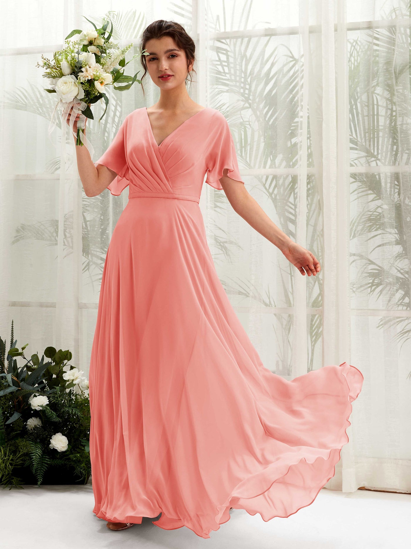 Peach Pink Bridesmaid Dresses Bridesmaid Dress A-line Chiffon V-neck Full Length Short Sleeves Wedding Party Dress (81224629)#color_peach-pink