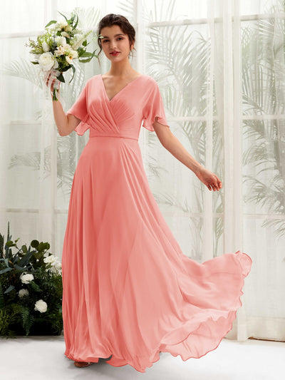 Carlyna Daphne A-Line Peach Pink Bridesmaid Dress Maxi Short Sleeve V-Neck Dress Front View #color_peach-pink