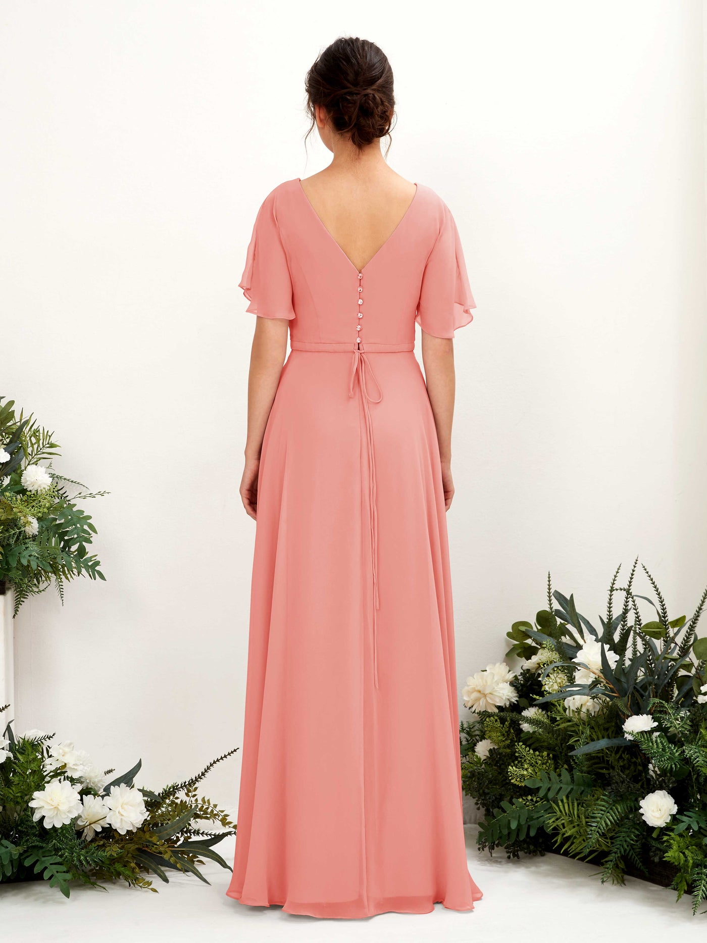 Peach Pink Bridesmaid Dresses Bridesmaid Dress A-line Chiffon V-neck Full Length Short Sleeves Wedding Party Dress (81224629)#color_peach-pink