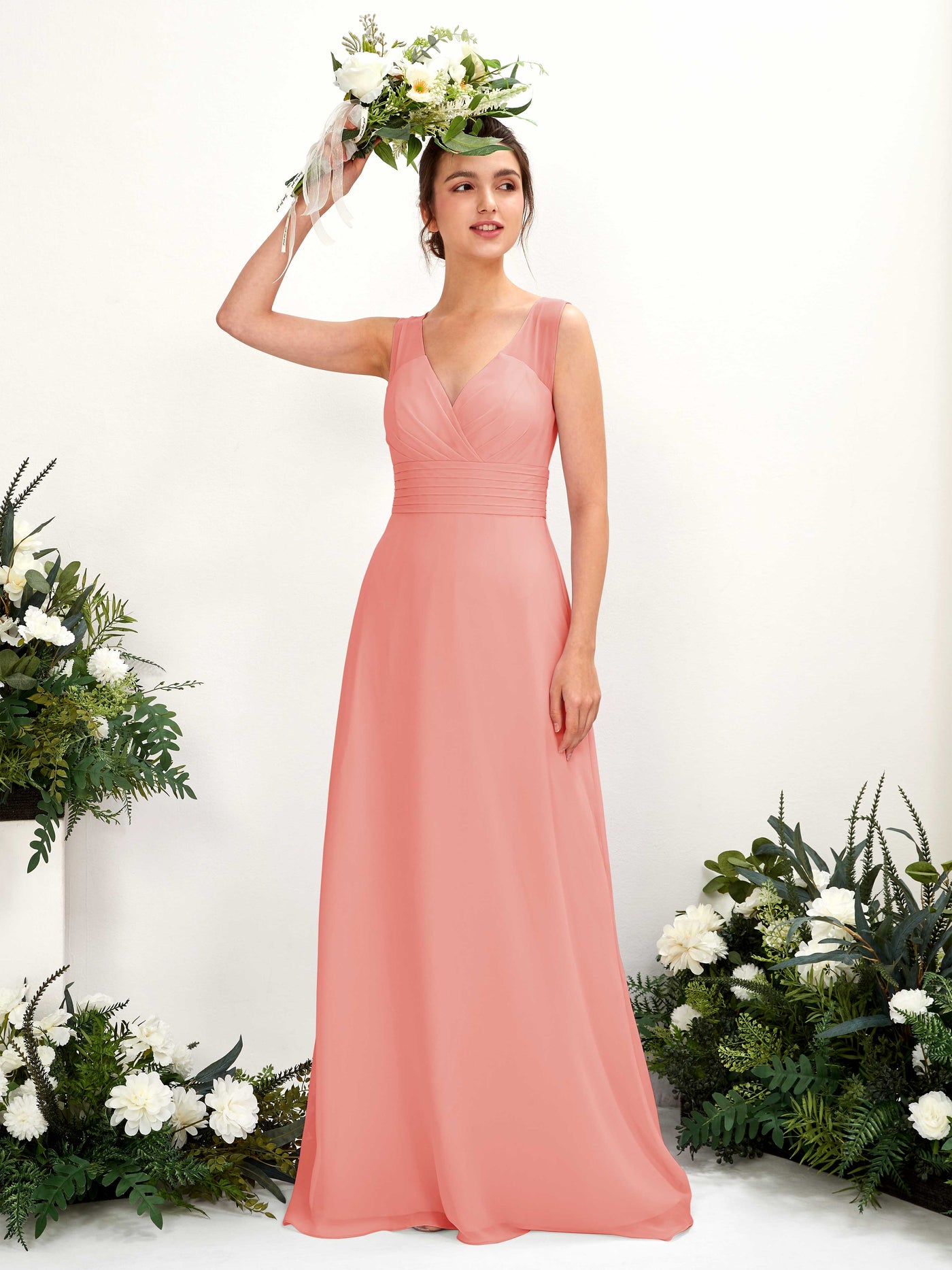 Peach Pink Bridesmaid Dresses Bridesmaid Dress A-line Chiffon Straps Full Length Sleeveless Wedding Party Dress (81220929)#color_peach-pink