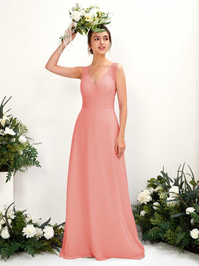Carlyna Karen A-Line Peach Pink Bridesmaid Dress Maxi Sleeveless V-Neck Dress Front View #color_peach-pink