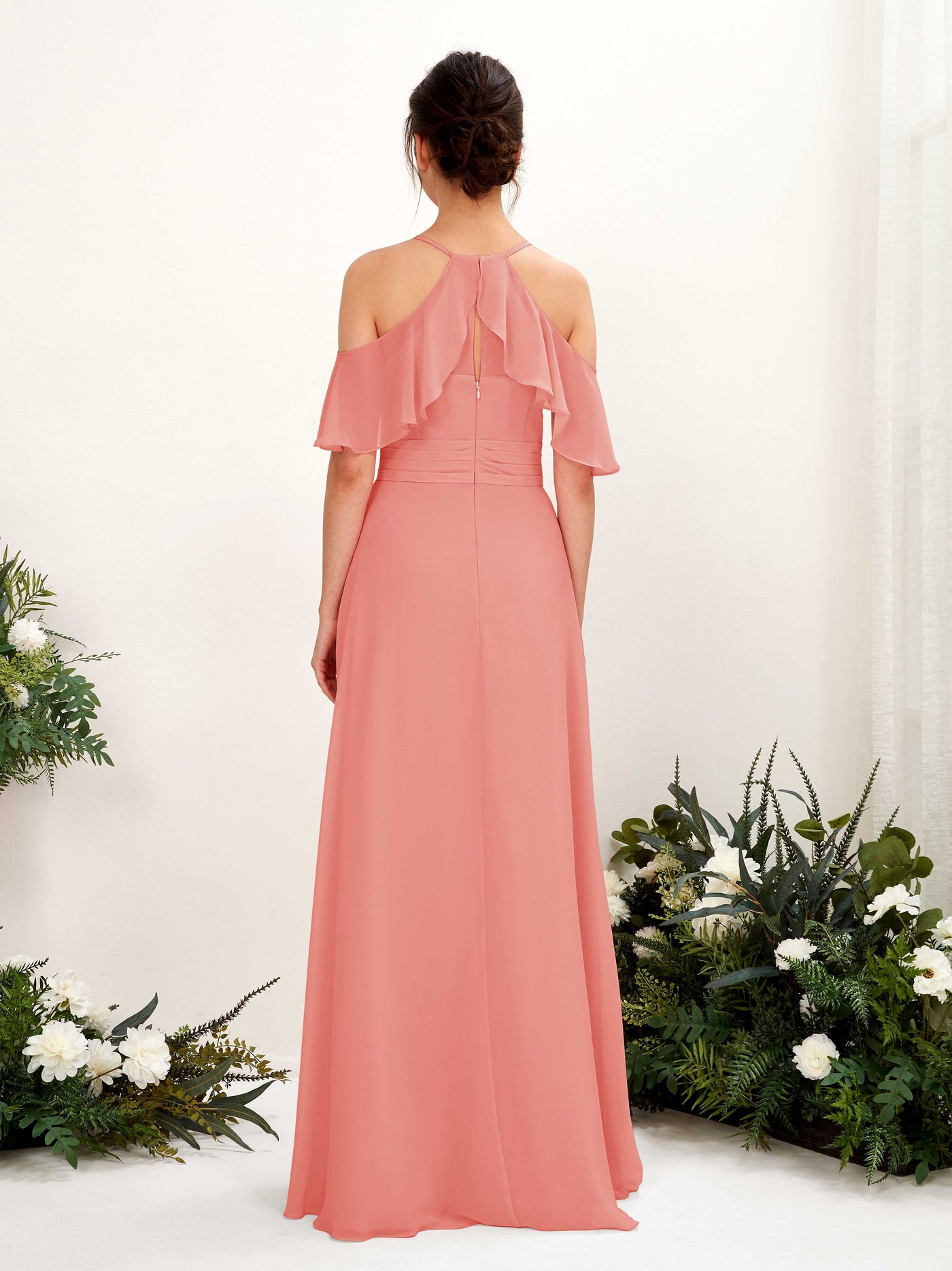 Ball Gown Off Shoulder Spaghetti-straps Chiffon Bridesmaid Dress - Peach Pink (81221729)#color_peach-pink