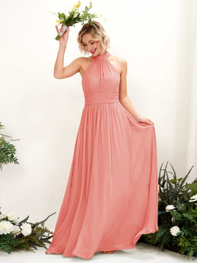 Carlyna Hilda A-Line Peach Pink Bridesmaid Dress Maxi Sleeveless Round Neck Dress Front View #color_peach-pink