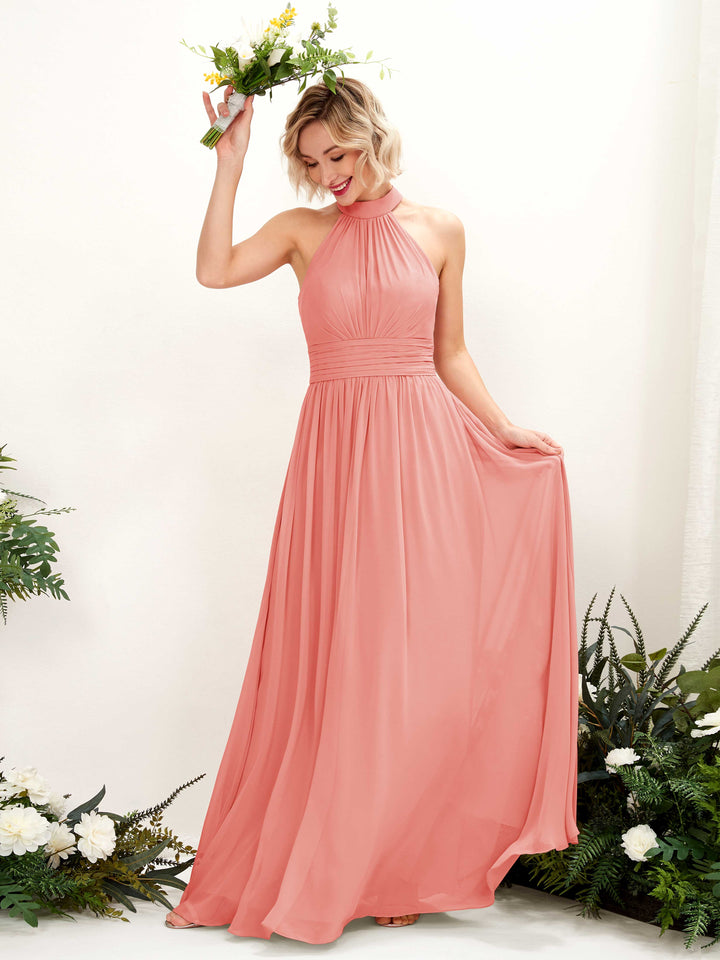 Peach Pink Bridesmaid Dresses Bridesmaid Dress A-line Chiffon Halter Full Length Sleeveless Wedding Party Dress (81225329)