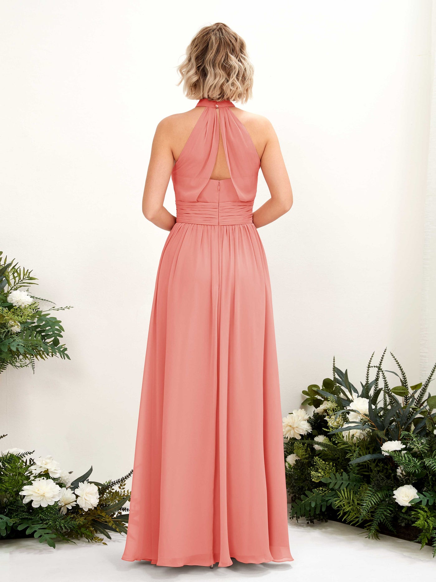 Peach Pink Bridesmaid Dresses Bridesmaid Dress A-line Chiffon Halter Full Length Sleeveless Wedding Party Dress (81225329)#color_peach-pink