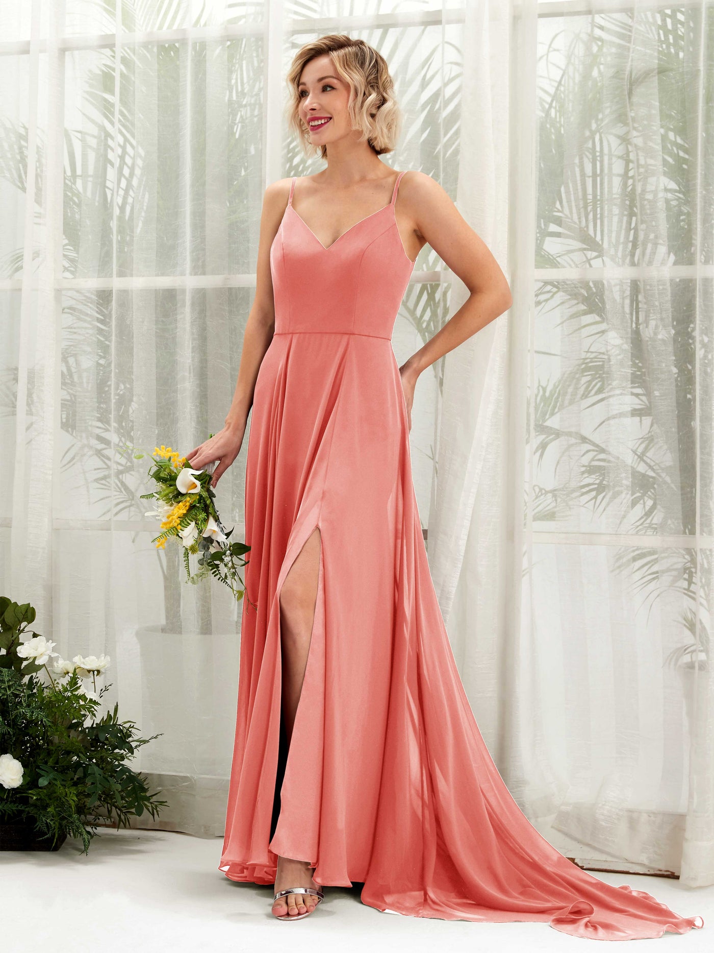 Peach Pink Bridesmaid Dresses Bridesmaid Dress A-line Chiffon V-neck Full Length Sleeveless Wedding Party Dress (81224129)#color_peach-pink