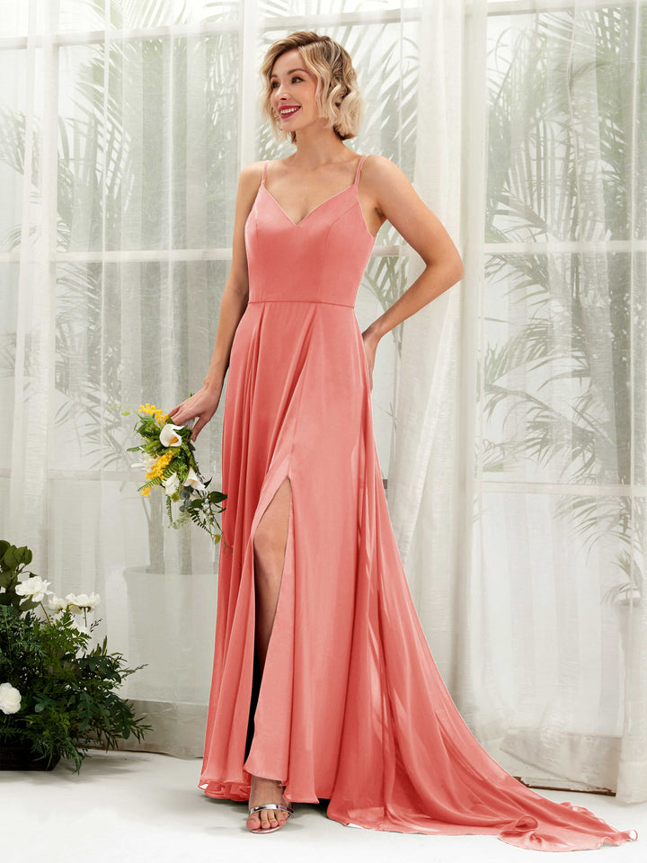 Peach Pink Bridesmaid Dresses Bridesmaid Dress A-line Chiffon V-neck Full Length Sleeveless Wedding Party Dress (81224129)