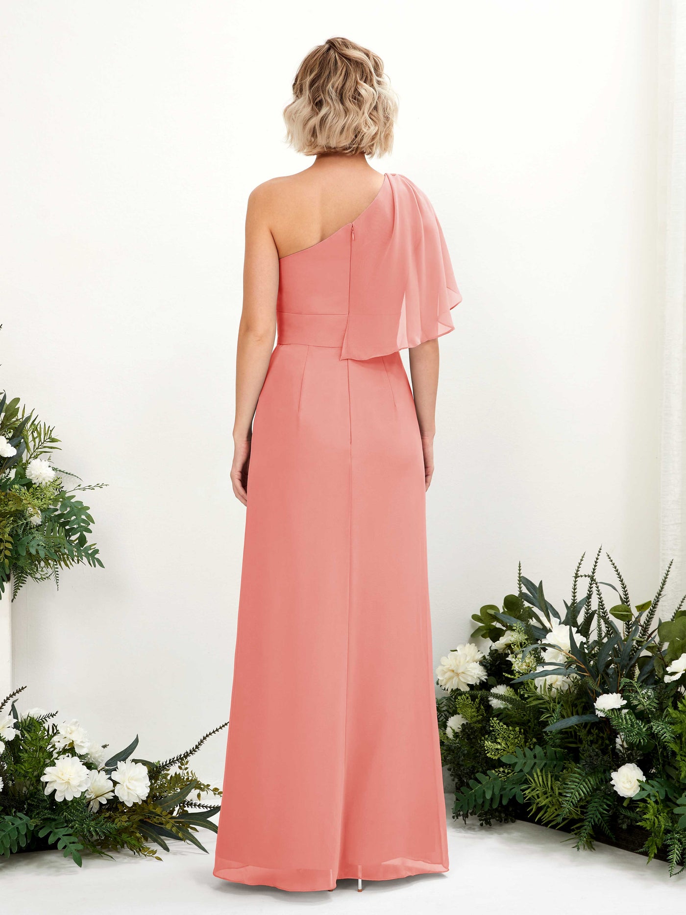 Peach Pink Bridesmaid Dresses Bridesmaid Dress Ball Gown Chiffon Full Length Short Sleeves Wedding Party Dress (81223729)#color_peach-pink