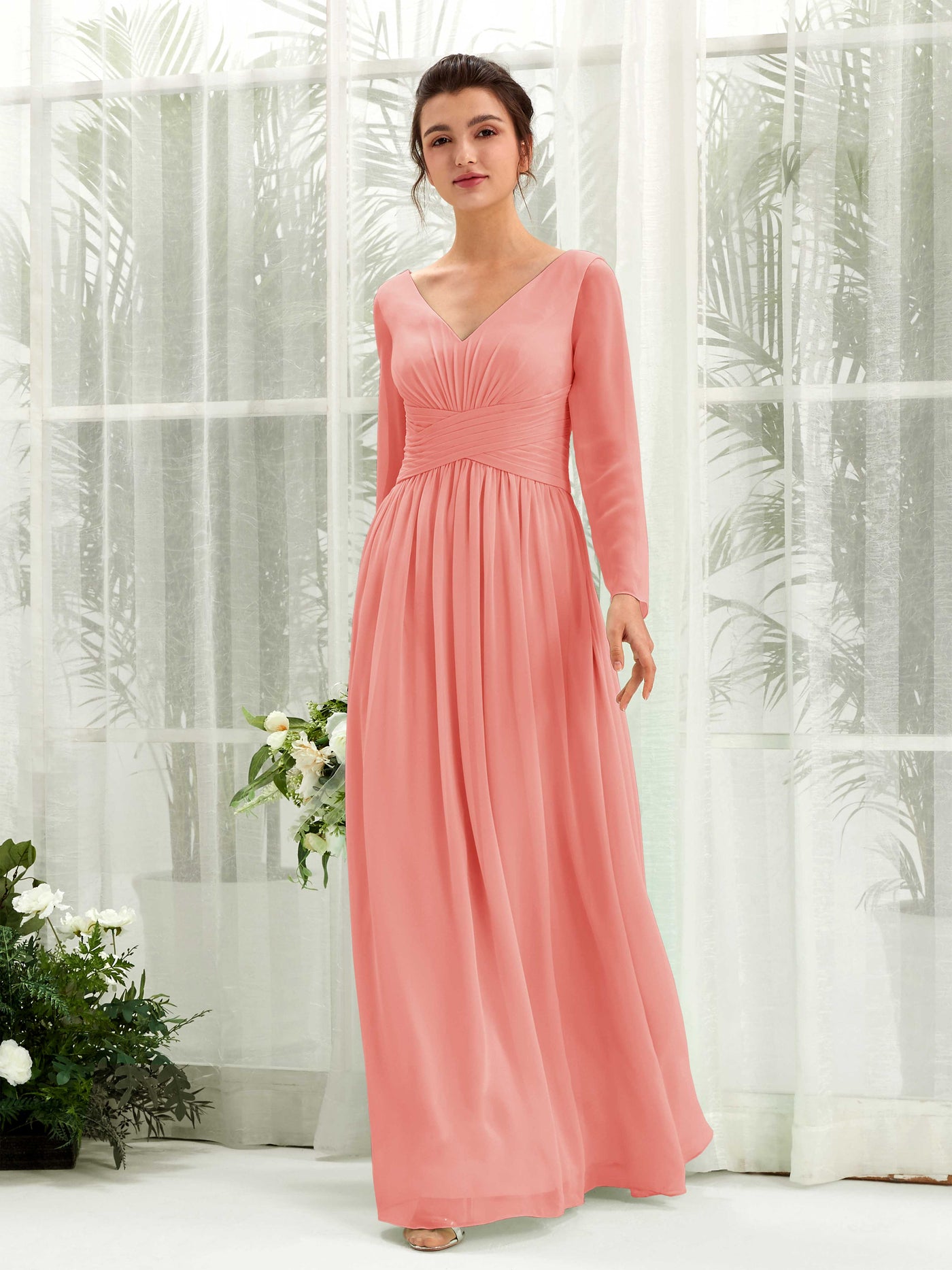 Peach Pink Bridesmaid Dresses Bridesmaid Dress A-line Chiffon V-neck Full Length Long Sleeves Wedding Party Dress (81220329)#color_peach-pink