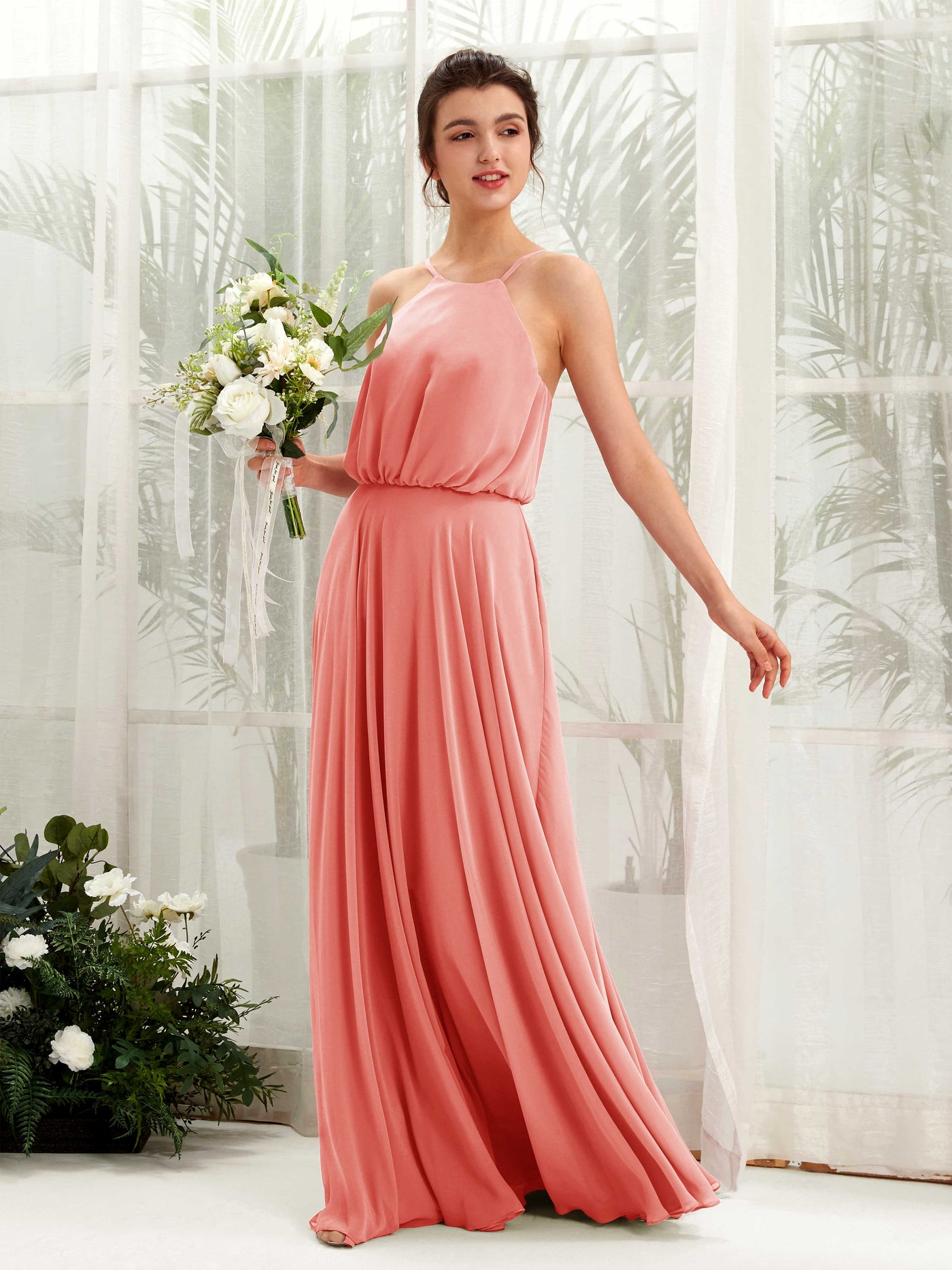 Peach Pink Bridesmaid Dresses Bridesmaid Dress Ball Gown Chiffon Halter Full Length Sleeveless Wedding Party Dress (81223429)#color_peach-pink