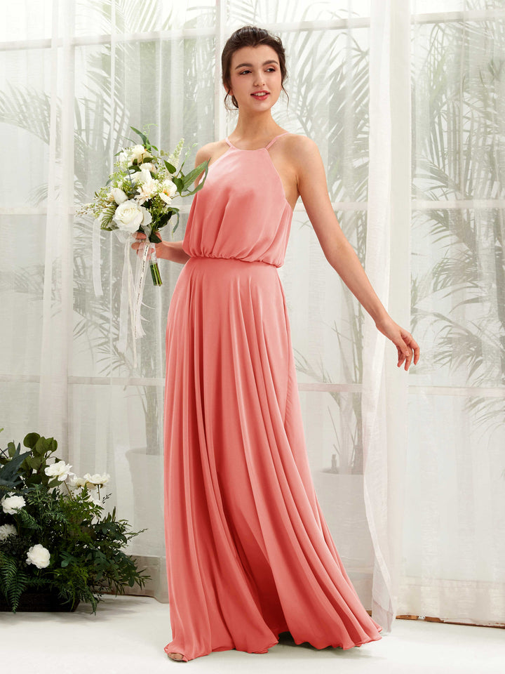 Peach Pink Bridesmaid Dresses Bridesmaid Dress Ball Gown Chiffon Halter Full Length Sleeveless Wedding Party Dress (81223429)