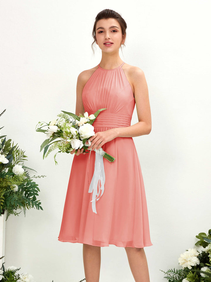 Peach Pink Bridesmaid Dresses Bridesmaid Dress A-line Chiffon Halter Knee Length Sleeveless Wedding Party Dress (81220129)