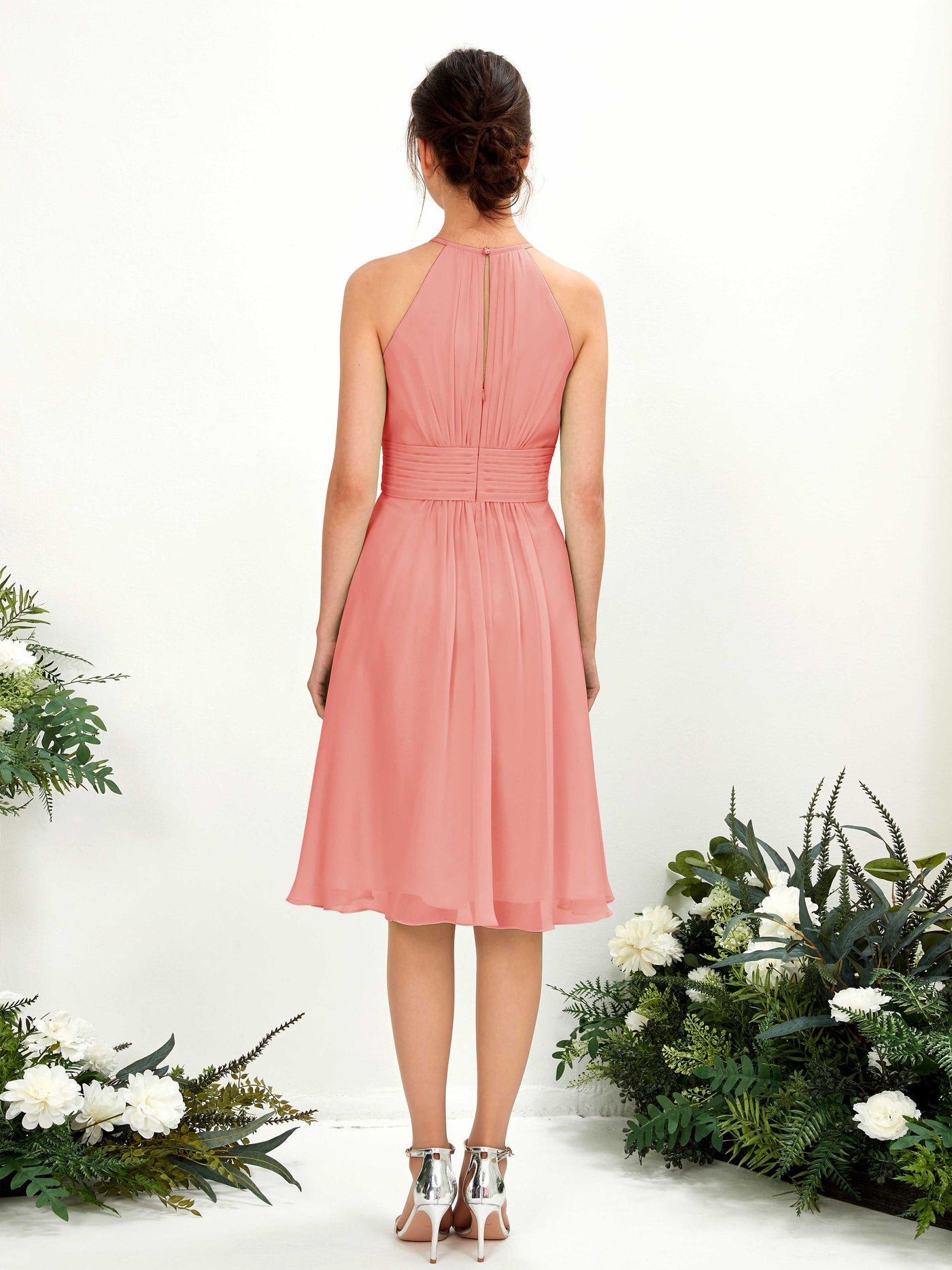 Peach Pink Bridesmaid Dresses Bridesmaid Dress A-line Chiffon Halter Knee Length Sleeveless Wedding Party Dress (81220129)#color_peach-pink