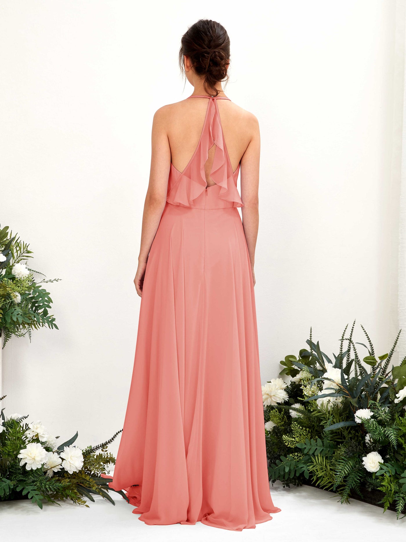 Halter V-neck Sleeveless Chiffon Bridesmaid Dress - Peach Pink (81221029)#color_peach-pink