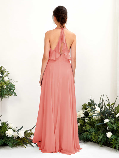 Carlyna Launo A-Line Peach Pink Bridesmaid Dress Maxi Sleeveless V-Neck Dress Back View #color_peach-pink