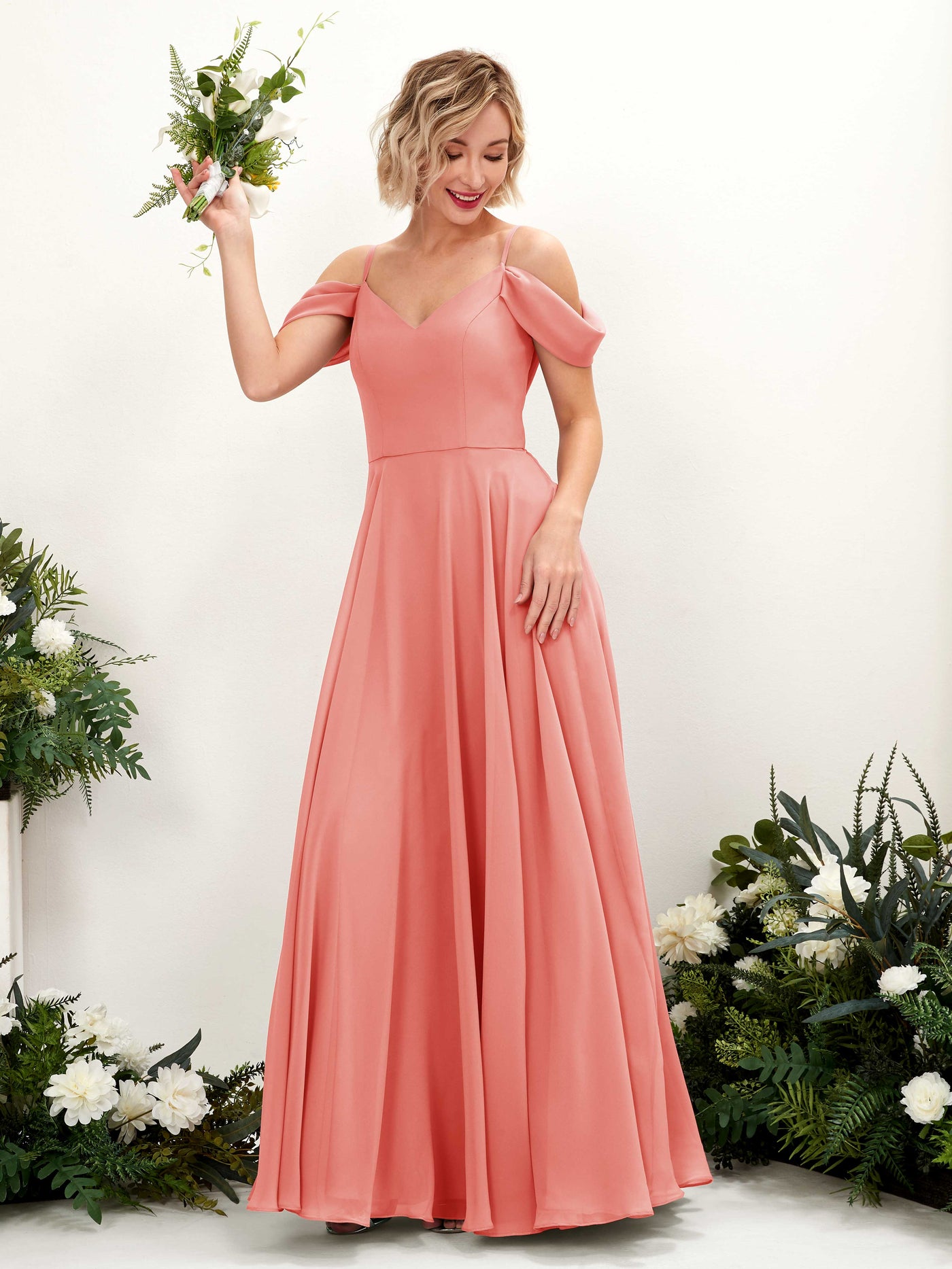 Peach Pink Bridesmaid Dresses Bridesmaid Dress A-line Chiffon Off Shoulder Full Length Sleeveless Wedding Party Dress (81224929)#color_peach-pink