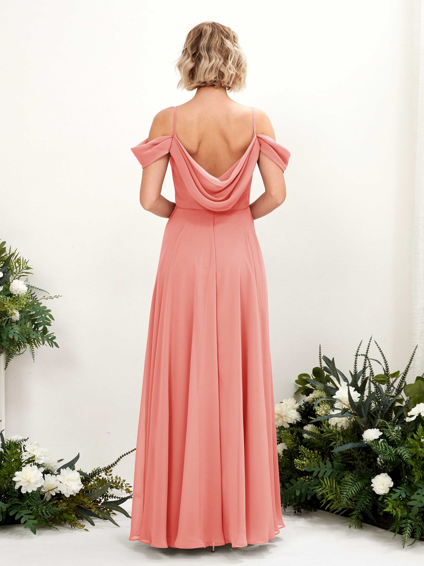 Peach Pink Bridesmaid Dresses Bridesmaid Dress A-line Chiffon Off Shoulder Full Length Sleeveless Wedding Party Dress (81224929)#color_peach-pink