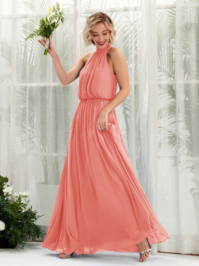 Carlyna Bess A-Line Peach Pink Bridesmaid Dress Maxi Sleeveless Halter Dress Front View #color_peach-pink