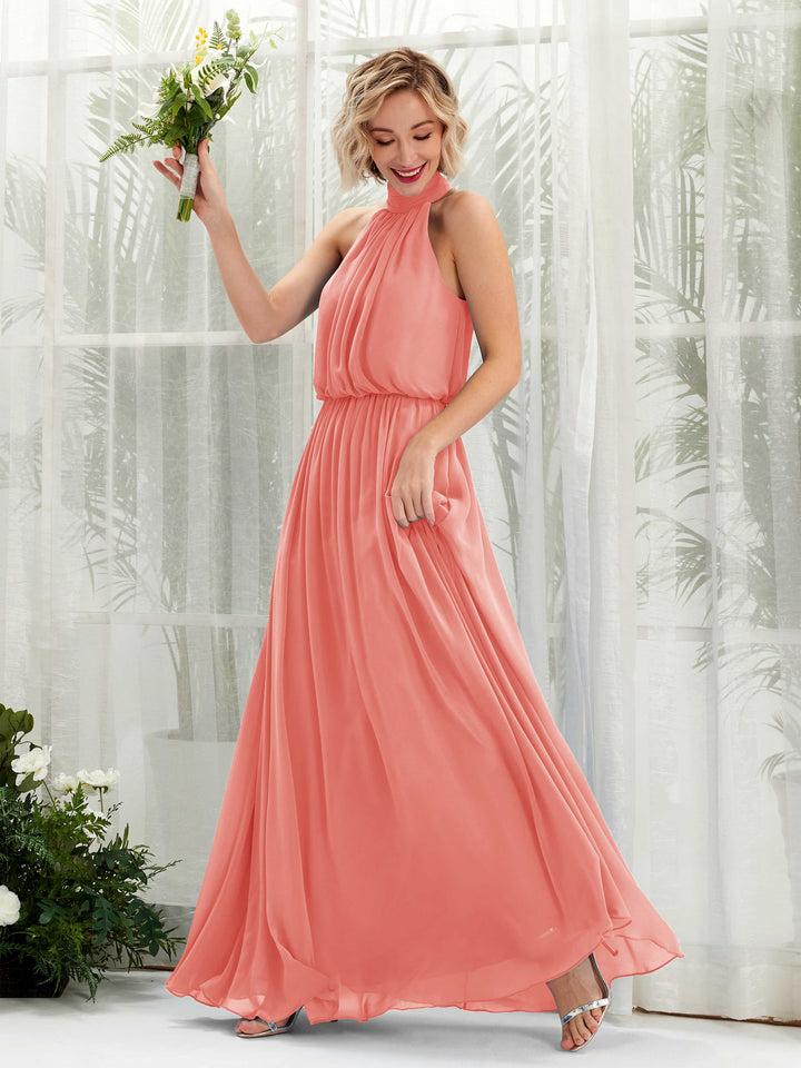 Peach Pink Bridesmaid Dresses Bridesmaid Dress A-line Chiffon Halter Full Length Sleeveless Wedding Party Dress (81222929)