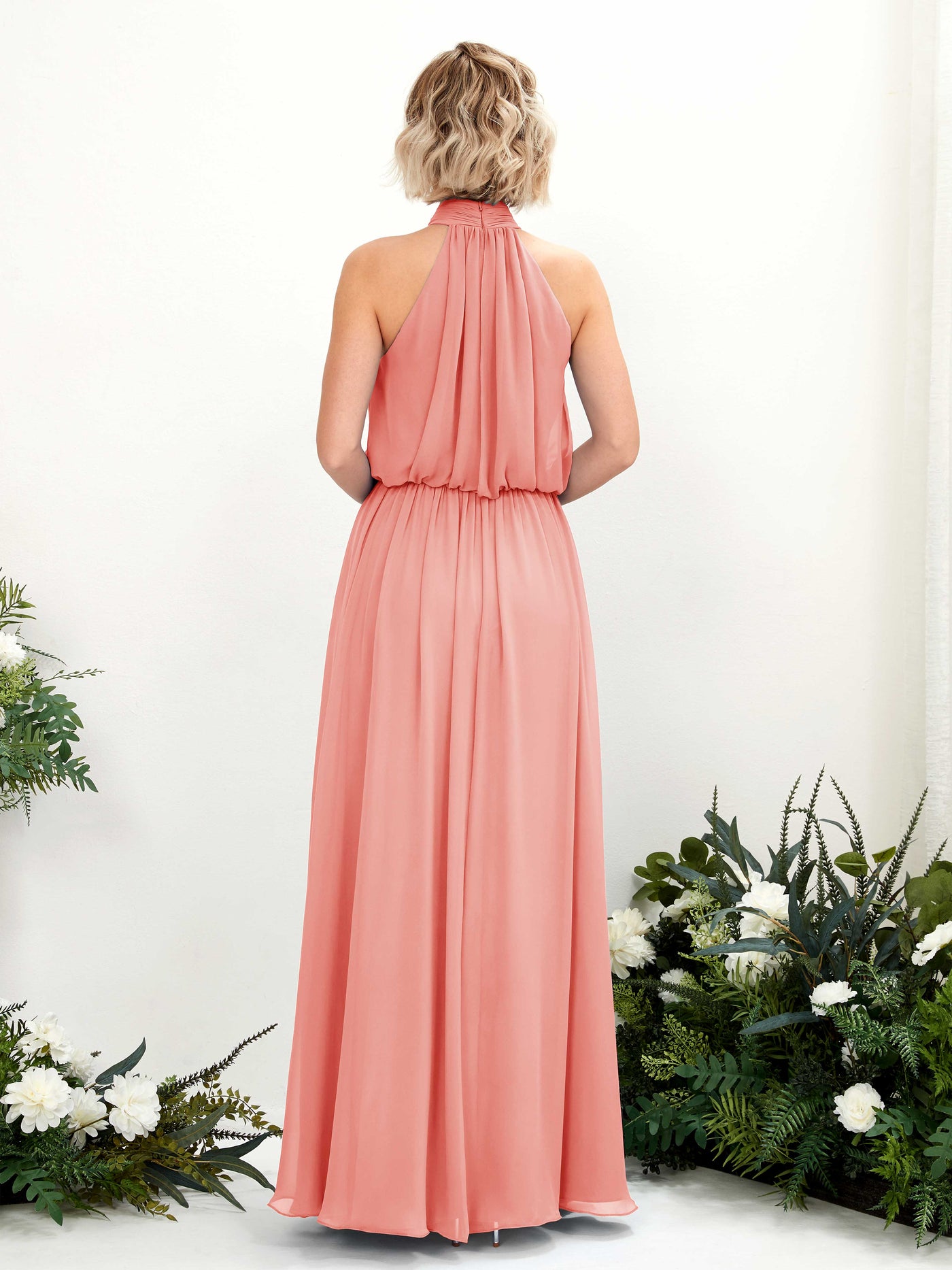 Peach Pink Bridesmaid Dresses Bridesmaid Dress A-line Chiffon Halter Full Length Sleeveless Wedding Party Dress (81222929)#color_peach-pink