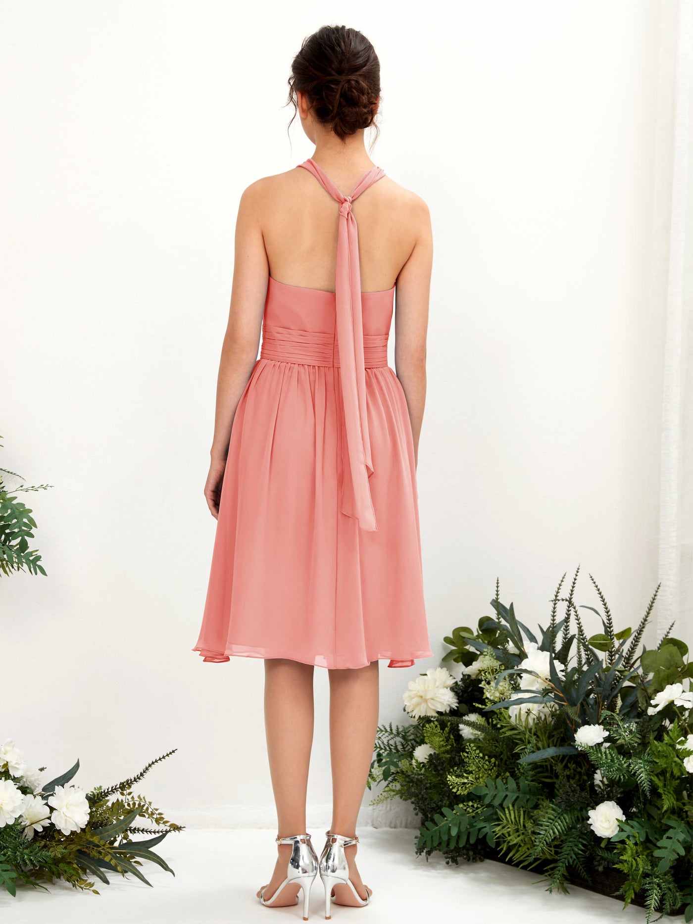 Peach Pink Bridesmaid Dresses Bridesmaid Dress A-line Chiffon Halter Knee Length Sleeveless Wedding Party Dress (81222629)#color_peach-pink