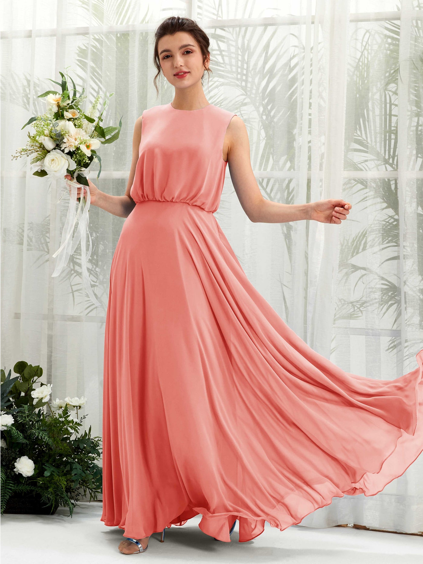 Peach Pink Bridesmaid Dresses Bridesmaid Dress A-line Chiffon Round Full Length Sleeveless Wedding Party Dress (81222829)#color_peach-pink