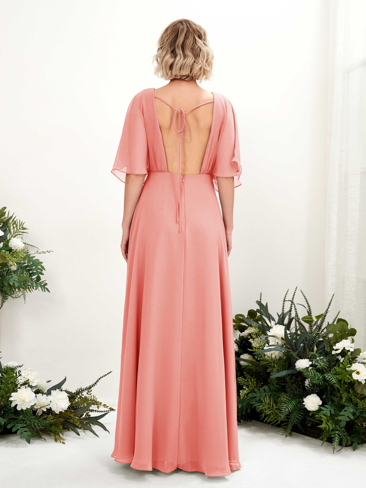 Peach Pink Bridesmaid Dresses Bridesmaid Dress A-line Chiffon V-neck Full Length Short Sleeves Wedding Party Dress (81225129)#color_peach-pink
