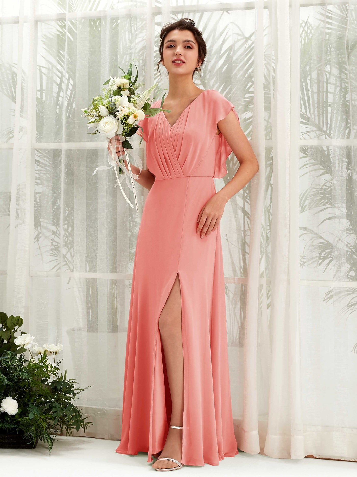 Peach Pink Bridesmaid Dresses Bridesmaid Dress A-line Chiffon V-neck Full Length Short Sleeves Wedding Party Dress (81225629)#color_peach-pink
