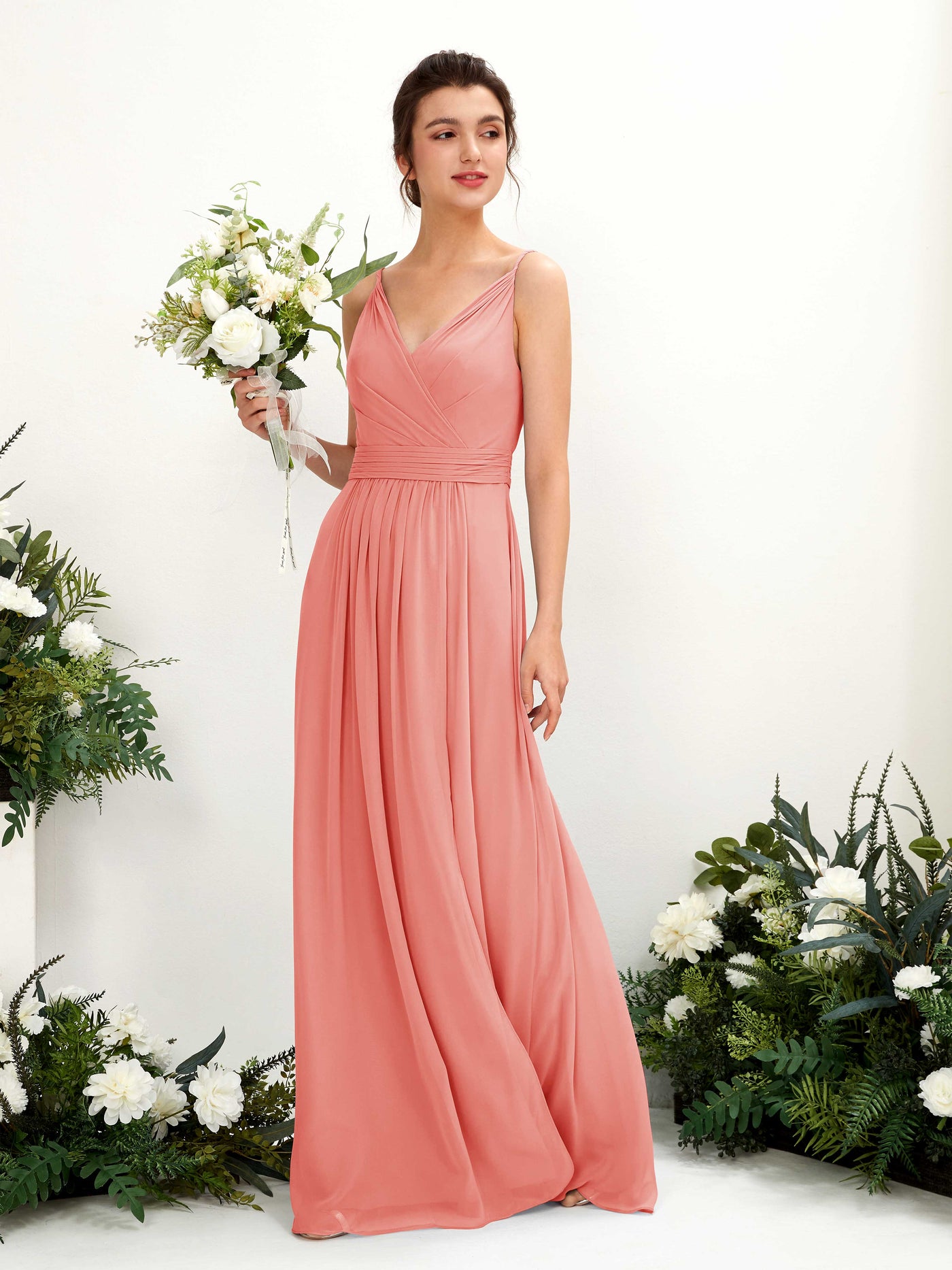 Peach Pink Bridesmaid Dresses Bridesmaid Dress A-line Chiffon Spaghetti-straps Full Length Sleeveless Wedding Party Dress (81223929)#color_peach-pink
