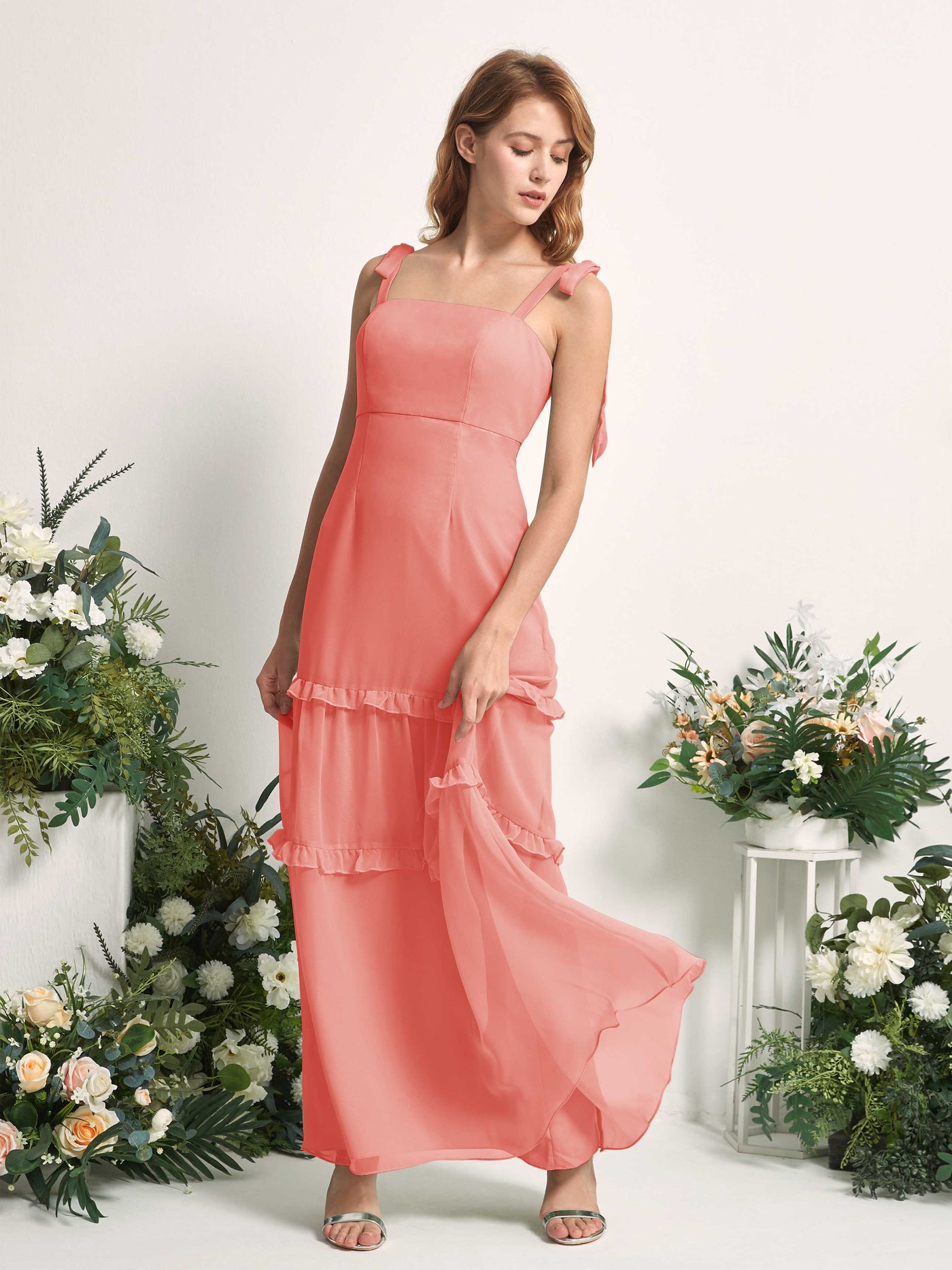 Bridesmaid Dress Chiffon Straps Full Length Sleeveless Wedding Party Dress - Peach Pink (81227529)#color_peach-pink
