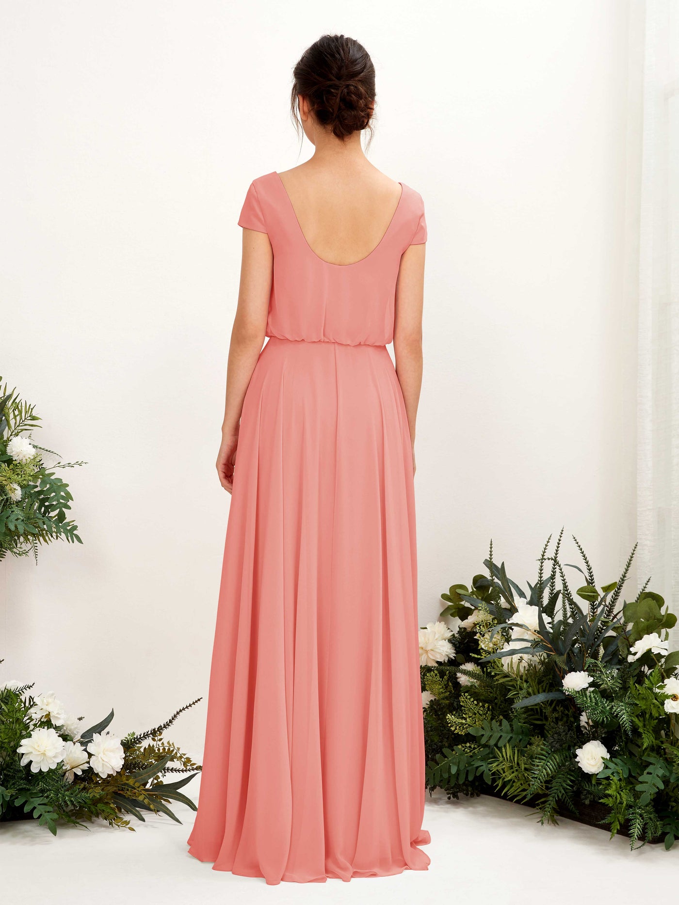 Peach Pink Bridesmaid Dresses Bridesmaid Dress A-line Chiffon V-neck Full Length Short Sleeves Wedding Party Dress (81221829)#color_peach-pink