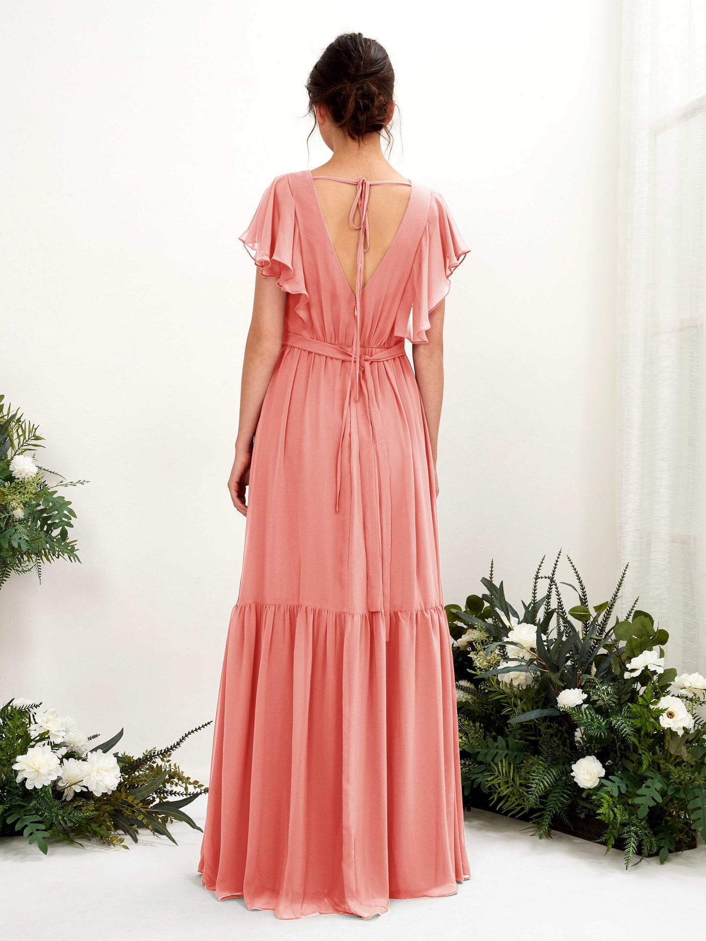 Peach Pink Bridesmaid Dresses Bridesmaid Dress A-line Chiffon V-neck Full Length Short Sleeves Wedding Party Dress (81225929)#color_peach-pink