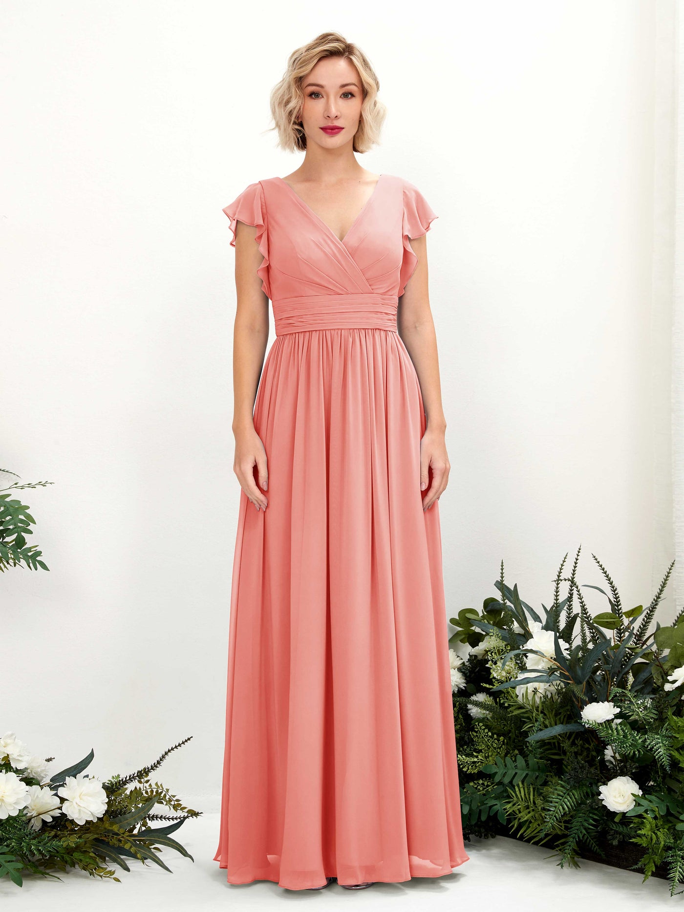 Peach Pink Bridesmaid Dresses Bridesmaid Dress A-line Chiffon V-neck Full Length Short Sleeves Wedding Party Dress (81222729)#color_peach-pink