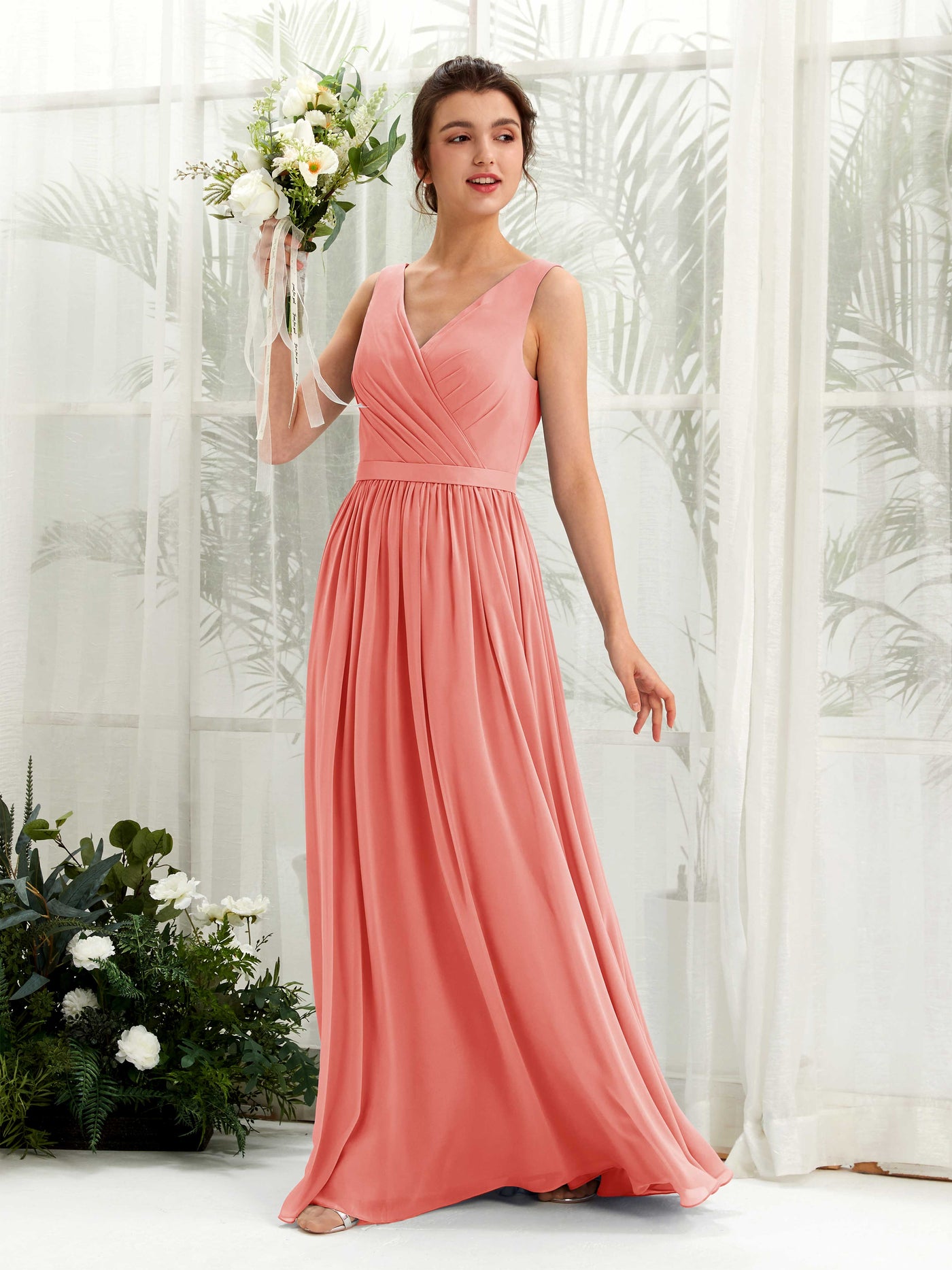 Peach Pink Bridesmaid Dresses Bridesmaid Dress A-line Chiffon V-neck Full Length Sleeveless Wedding Party Dress (81223629)#color_peach-pink