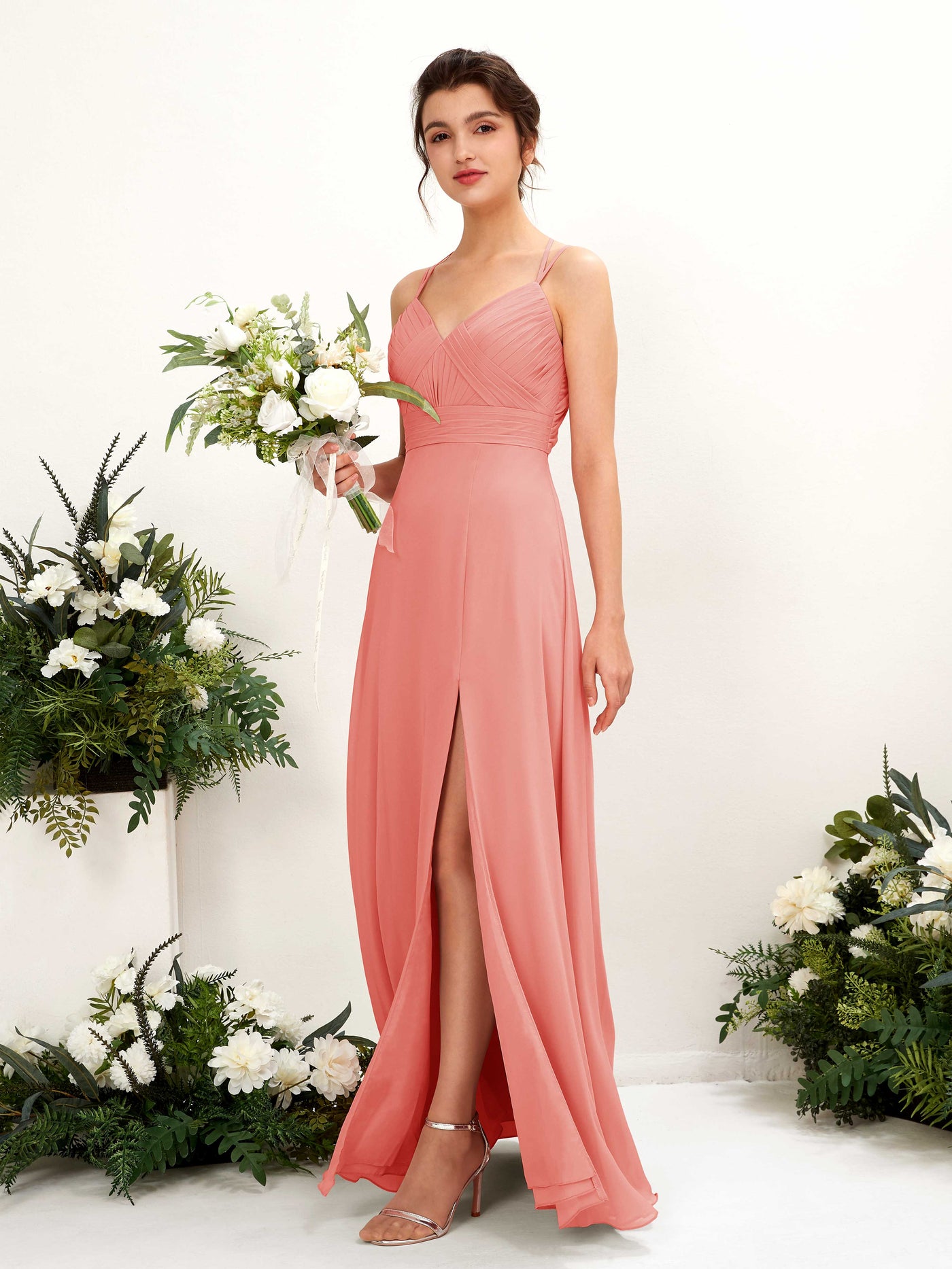 Peach Pink Bridesmaid Dresses Bridesmaid Dress A-line Chiffon Spaghetti-straps Full Length Sleeveless Wedding Party Dress (81225429)#color_peach-pink