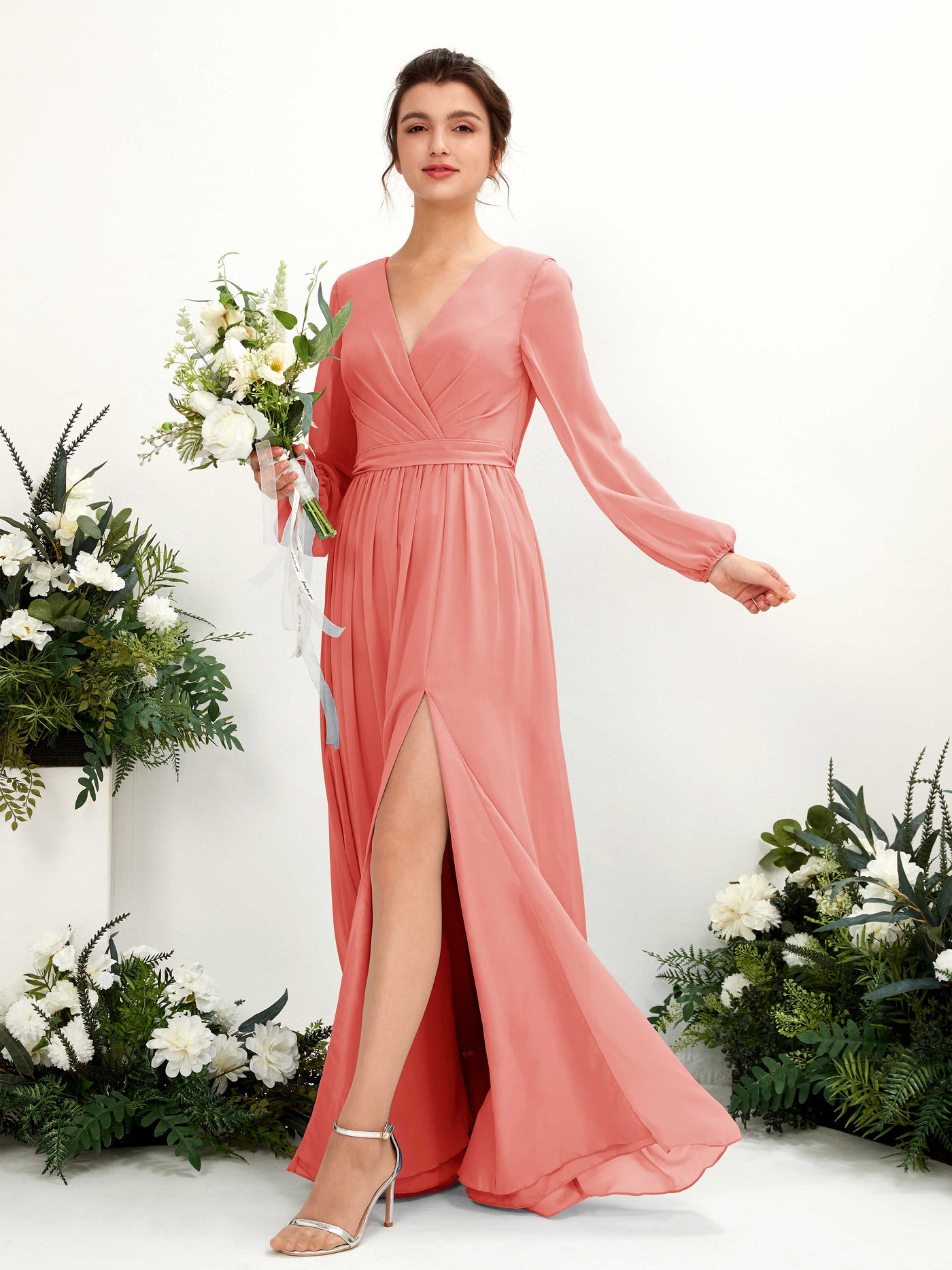 Peach Pink Bridesmaid Dresses Bridesmaid Dress A-line Chiffon V-neck Full Length Long Sleeves Wedding Party Dress (81223829)#color_peach-pink