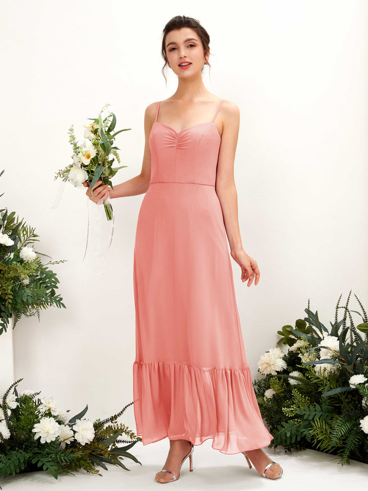 Peach Pink Bridesmaid Dresses Bridesmaid Dress Chiffon Spaghetti-straps Full Length Sleeveless Wedding Party Dress (81223029)