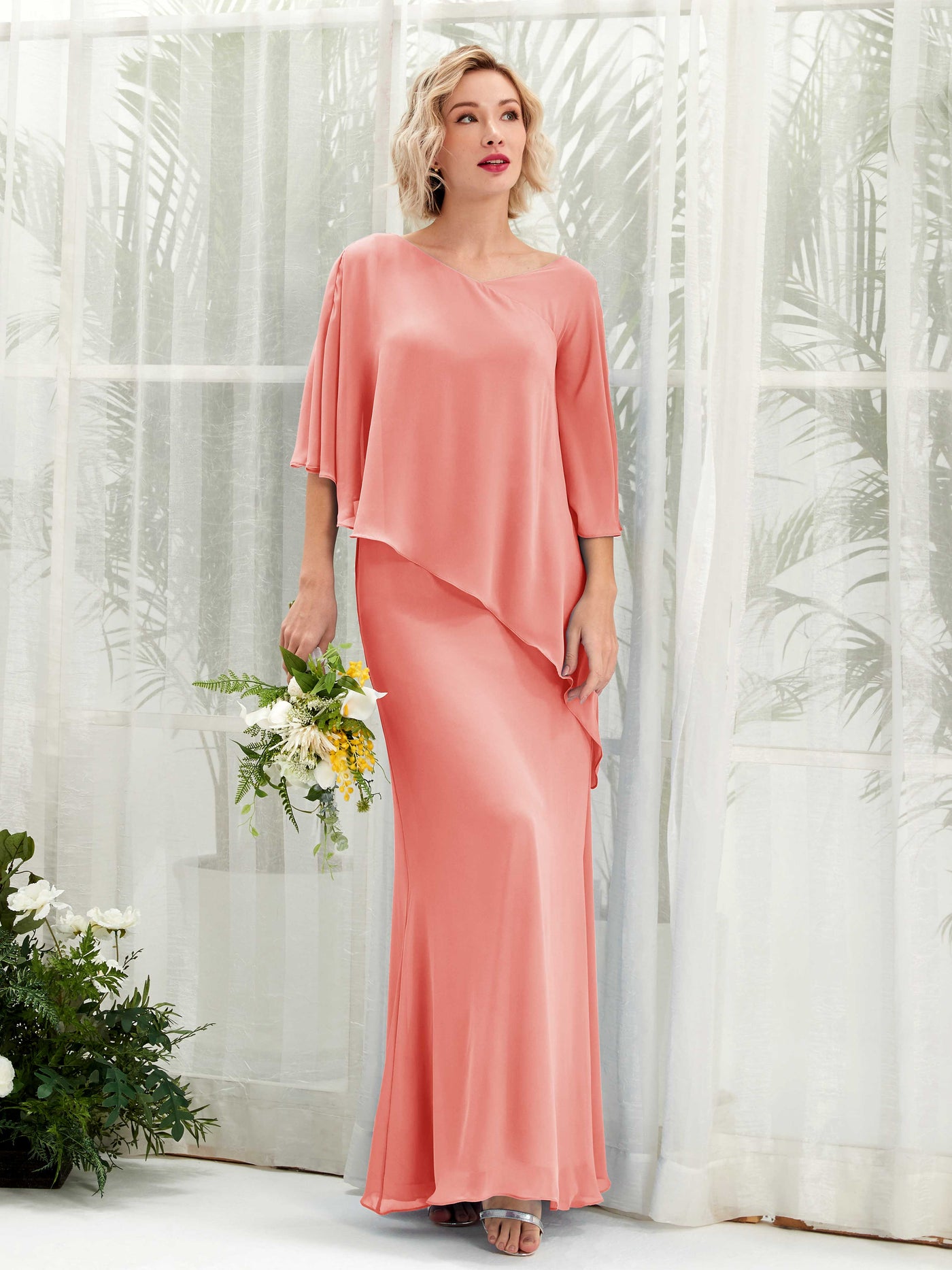 Peach Pink Bridesmaid Dresses Bridesmaid Dress Bohemian Chiffon V-neck Full Length 3/4 Sleeves Wedding Party Dress (81222529)#color_peach-pink