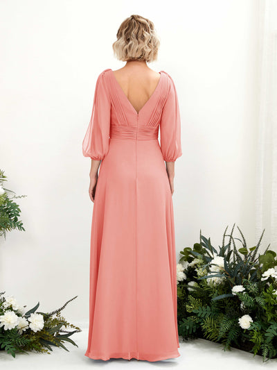 Carlyna Antonia A-Line Peach Pink Bridesmaid Dress Maxi Three Quarter Sleeve V-Neck Dress Back View #color_peach-pink