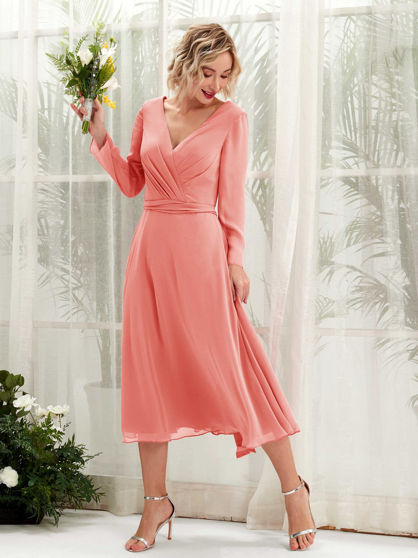 Peach Pink Bridesmaid Dresses Bridesmaid Dress Chiffon V-neck Tea Length Long Sleeves Wedding Party Dress (81223329)#color_peach-pink
