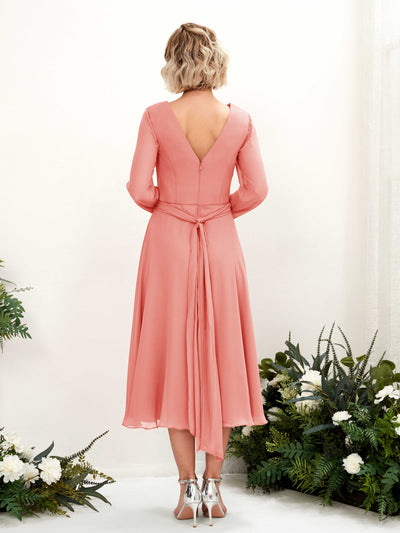 Carlyna Joanna A-Line Peach Pink Bridesmaid Dress Midi Long Sleeve V-Neck Back View #color_peach-pink