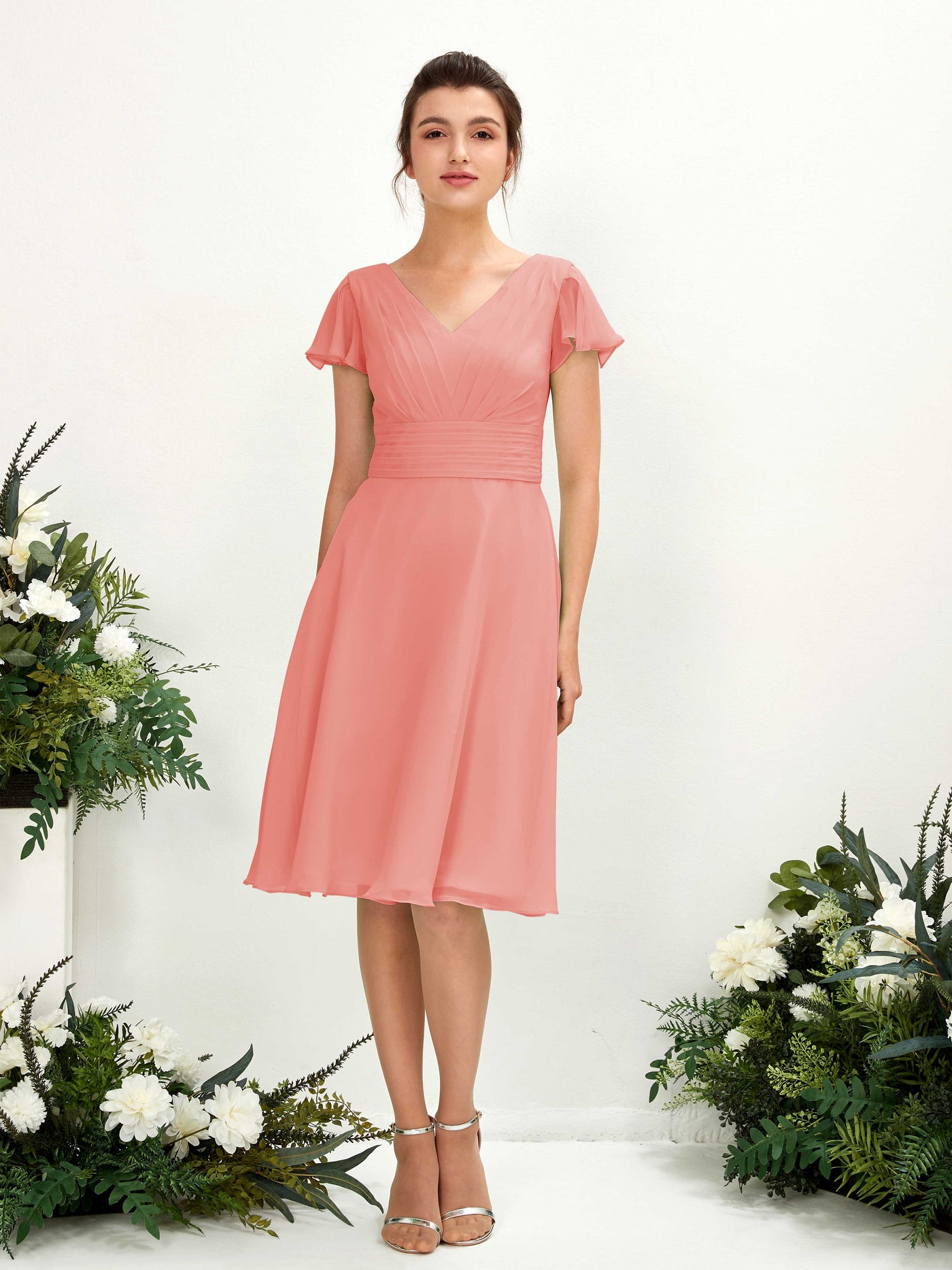 Peach Pink Bridesmaid Dresses Bridesmaid Dress Chiffon V-neck Knee Length Short Sleeves Wedding Party Dress (81220229)#color_peach-pink