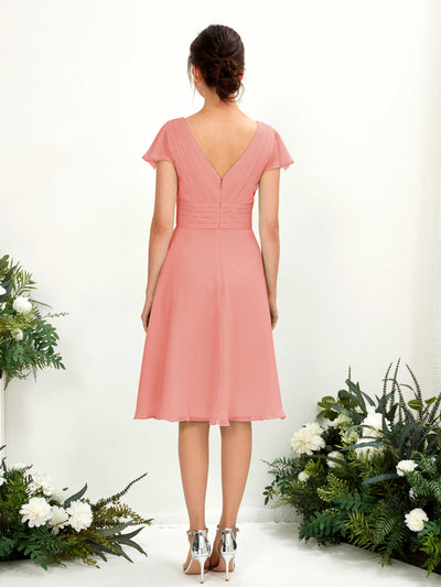 Carlyna Betty A-Line Peach Pink Bridesmaid Dress Knee-Length Short Sleeve V-Neck Dress Back View #color_peach-pink