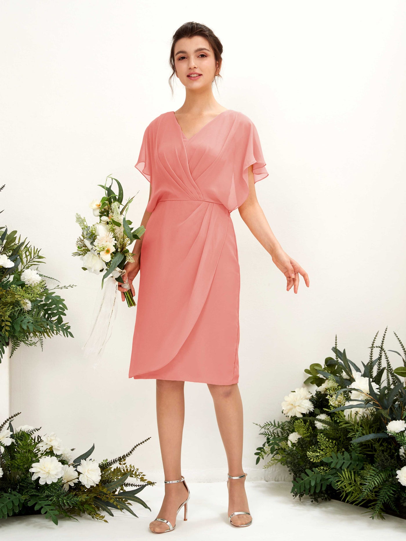 Peach Pink Bridesmaid Dresses Bridesmaid Dress Empire Waist Chiffon V-neck Knee Length Short Sleeves Wedding Party Dress (81222229)#color_peach-pink